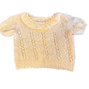 Handmade Vintage Bouclé Knit Sweater Top Yellow Short Sleeve‎ Cropped Size S/M